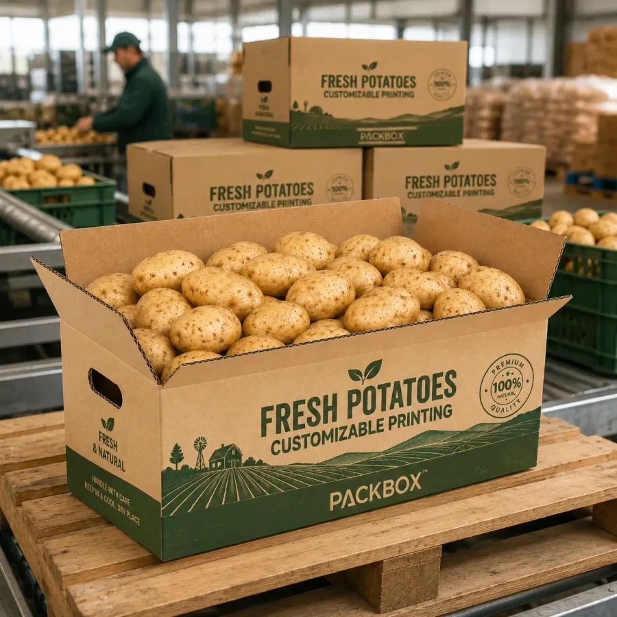 Fresh potatoes packed in Granivos farm boxes ready for delivery